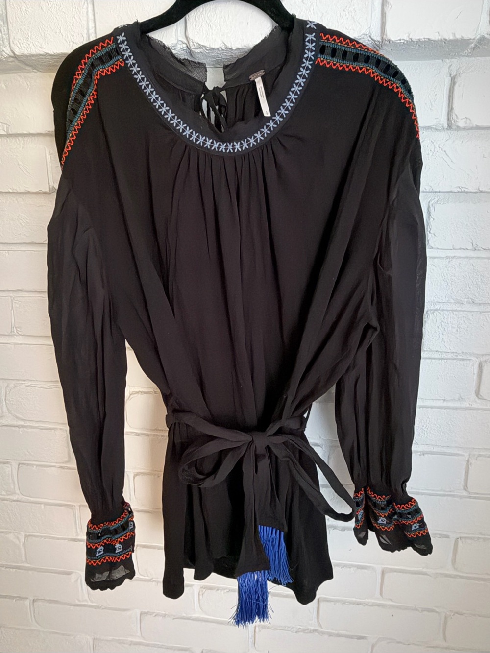 Free People Black Embroidered Tie-Waist Peasant Tunic